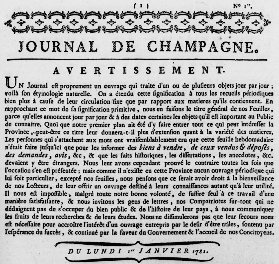 Photo (Bibliothèque de Reims) de : Journal de Champagne. Reims : Impr. Pierard, 1781-1792. ISSN 2021-1929.