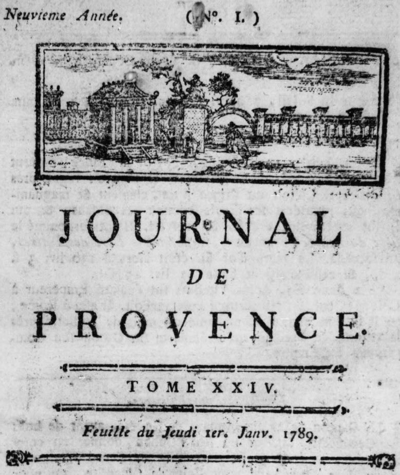 Photo (BnF / Gallica) de : Journal de Provence. Marseille : impr. Jean Mossy, 1781-1791. ISSN 2019-6873.