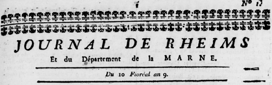 Photo (Bibliothèque de Reims) de : Journal de Rheims et du département de la Marne. Reims, 1801-1805. ISSN 2130-5854.