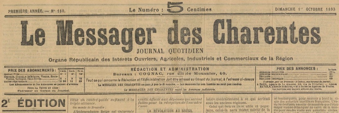 Photo (BnF / Gallica) de : Le Messager des Charentes. Cognac, 1893-[1895 ?]. ISSN 1966-480X.