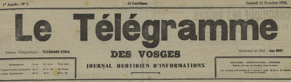 Photo (Bibliothèque intercommunale Épinal-Golbey) de : Le Télégramme des Vosges. Épinal, 1918-[1940 ?]. ISSN 2138-5548.