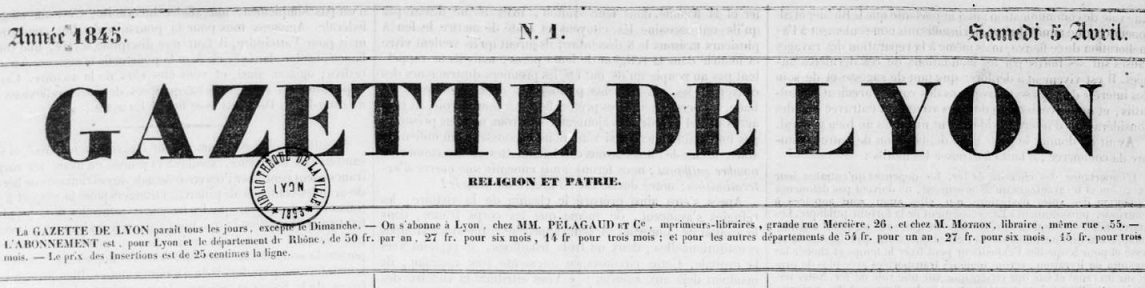 Photo (BnF / Gallica) de : Gazette de Lyon. Lyon, 1845-[1853 ?]. ISSN 2128-6434.