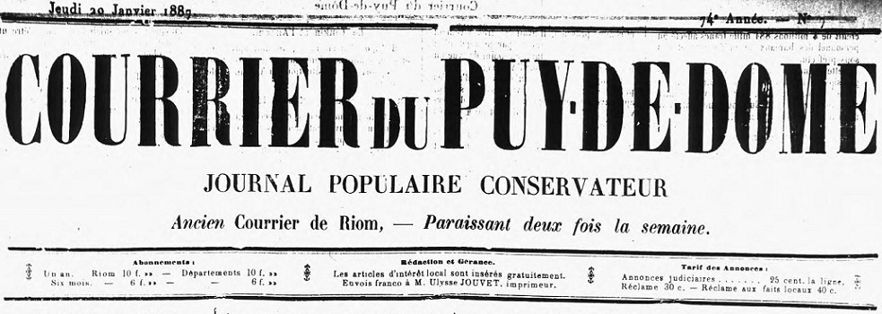 Photo (Auvergne-Rhône-Alpes livre et lecture) de : Courrier du Puy-de-Dôme. Riom, 1886-1944. ISSN 2124-8974.