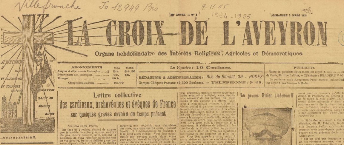 Photo (BnF / Gallica) de : La Croix de l'Aveyron. [Éd. de Villefranche]. Rodez, [1924 ?-1927 ?]. ISSN 2125-2203.