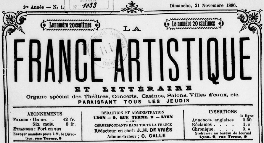 Photo (BnF / Gallica) de : La France artistique et littéraire. Lyon, 1886-[1887 ?]. ISSN 2128-2404.