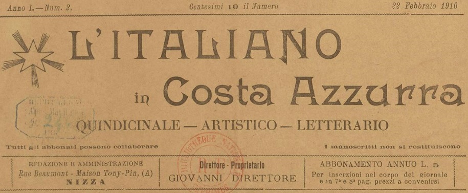 Photo (BnF / Gallica) de : L'Italiano in Costa Azzurra. Nizza, 1910. ISSN 2130-0232.