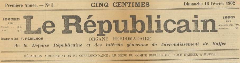 Photo (BnF / Gallica) de : Le Républicain. Ruffec, 1902-1920. ISSN 2103-0839.