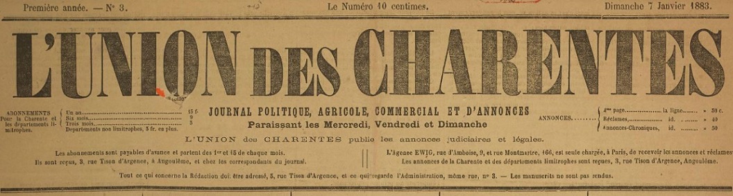 Photo (BnF / Gallica) de : L'Union des Charentes. Angoulême, 1883-1884. ISSN 2100-7144.
