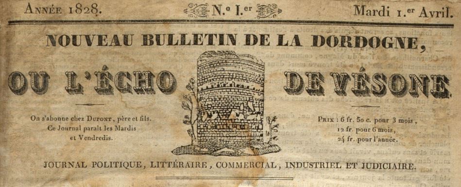 Photo (Archives départementales de la Dordogne) de : Nouveau bulletin de la Dordogne, ou l'Écho de Vésone. Périgueux, 1828-1829. ISSN 2108-7938.
