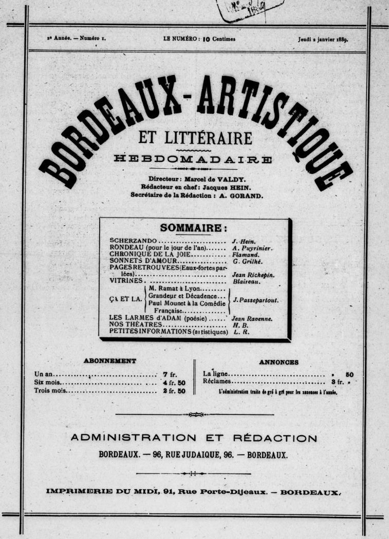 Photo (BnF / Gallica) de : Bordeaux artistique et littéraire. Bordeaux, 1888-[1889 ?]. ISSN 2122-126X.