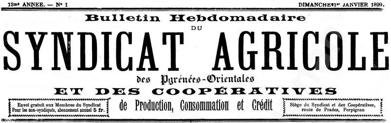 Photo (Médiathèque (Perpignan)) de : Bulletin hebdomadaire du Syndicat agricole des Pyrénées-Orientales et des coopératives de production, consommation et crédit. Perpignan, 1898-1906. ISSN 2122-9708.