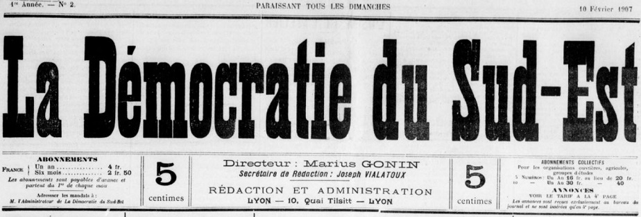 Photo (BnF / Gallica) de : La Démocratie du Sud-Est. Lyon, 1907-1909. ISSN 2125-687X.