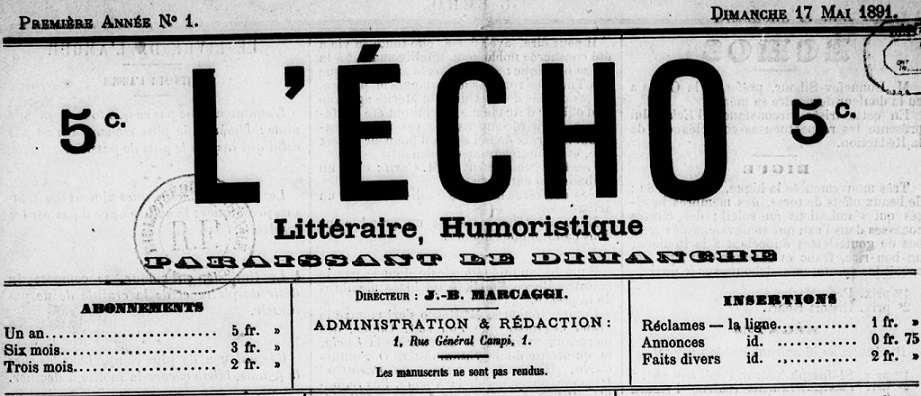 Photo (BnF / Gallica) de : L'Écho. Ajaccio, 1891. ISSN 2126-0567.