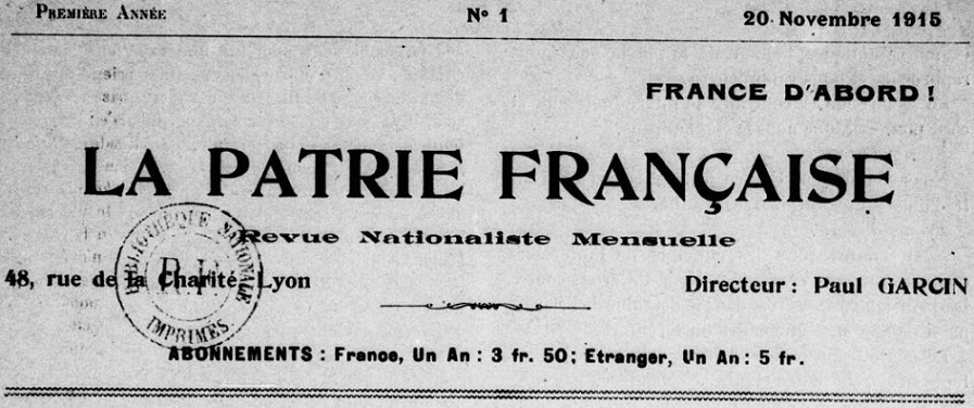 Photo (BnF / Gallica) de : La Patrie française. Lyon, 1915-[1915 ?]. ISSN 2133-6423.