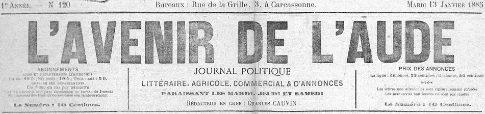 Photo (BnF / Gallica) de : L'Avenir de l'Aude. Carcassonne, 1884-[1886?]. ISSN 2121-4328.