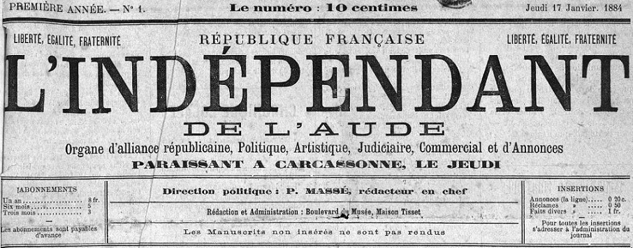 Photo (Occitanie) de : L'Indépendant de l'Aude. Carcassonne, 1884-1886. ISSN 2129-5123.
