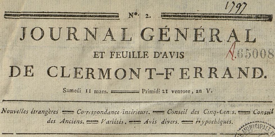Photo (Bibliothèque du patrimoine de Clermont Auvergne métropole) de : Journal général et feuille d'avis de Clermont-Ferrand. Clermont-Ferrand, 1797-[1797 ?]. ISSN 1965-5908.