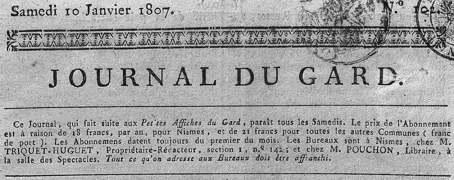 Photo (BnF / Gallica) de : Journal du Gard. Nismes : C. Triquet-Huguet, [1805 ?]-1815. ISSN 2130-8810.