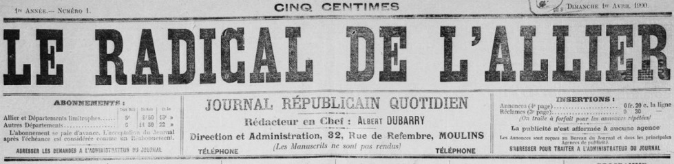 Photo (BnF / Gallica) de : Le Radical de l'Allier. Moulins, 1900-1908. ISSN 2135-8060.