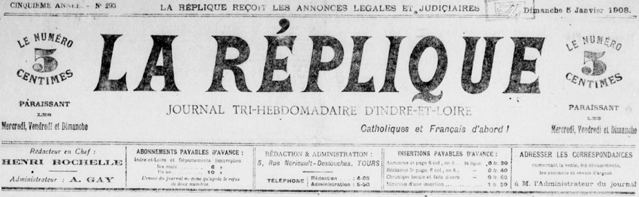 Photo (BnF / Gallica) de : La Réplique. Tours, 1904-1910. ISSN 2136-1622.