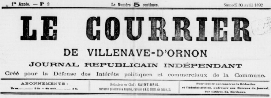 Photo (BnF / Gallica) de : Le Courrier de Villenave d'Ornon. Bordeaux, 1892. ISSN 2124-8265.