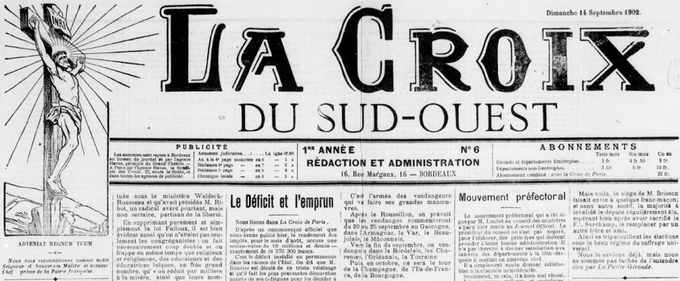 Photo (BnF / Gallica) de : La Croix du Sud-Ouest. Bordeaux, 1902-1912. ISSN 2125-3129.