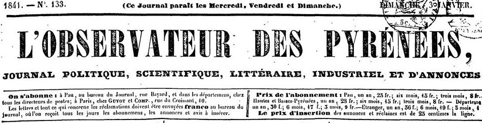 Photo (BnF / Gallica) de : L'Observateur des Pyrénées. Pau, 1840-1849. ISSN 2017-8840.