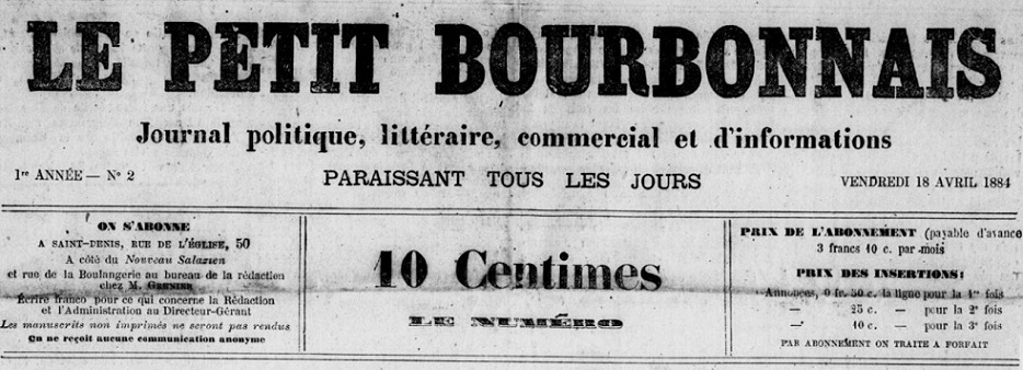 Photo (BnF / Gallica) de : Le Petit Bourbonnais. Saint-Denis [La Réunion], 1884. ISSN 2428-4777.