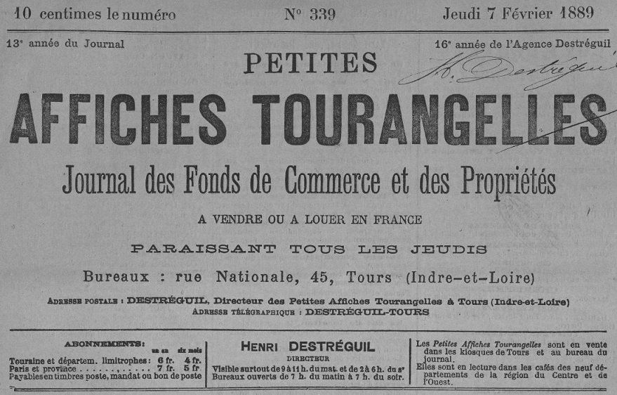 Photo (Indre-et-Loire. Archives départementales) de : Petites affiches tourangelles. Tours, 1888-1890. ISSN 2134-7638.