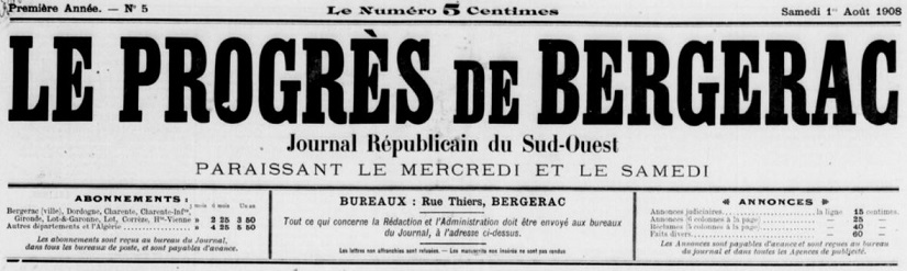 Photo (BnF / Gallica) de : Le Progrès de Bergerac. Bergerac, 1908-1915. ISSN 2113-7447.