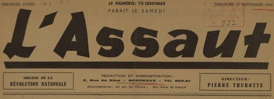 Photo (BnF / Gallica) de : L'Assaut. Bordeaux, 1940-1944. ISSN 0982-1414.