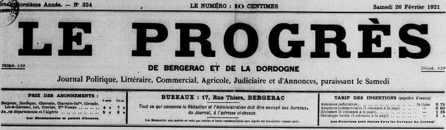 Photo (BnF / Gallica) de : Le Progrès de Bergerac et de la Dordogne. Bergerac : Impr. J. Pouget, 1921-1936. ISSN 2113-927X.