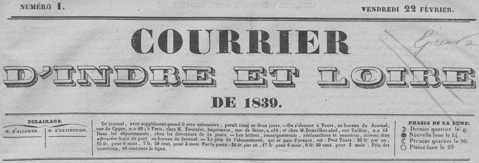 Photo (Indre-et-Loire. Archives départementales) de : Courrier d'Indre-et-Loire de 1839. Tours, 1839-[1843 ?]. ISSN 2681-8760.