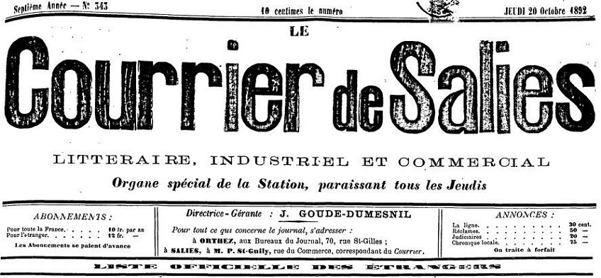 Photo (BnF / Gallica) de : Le Courrier de Salies. Salies, Orthez, 1886-1901. ISSN 2016-811X.