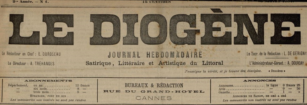 Photo (Cannes (Alpes-Maritimes). Archives municipales) de : Le Diogène. Cannes, 1881. ISSN 2125-9178.