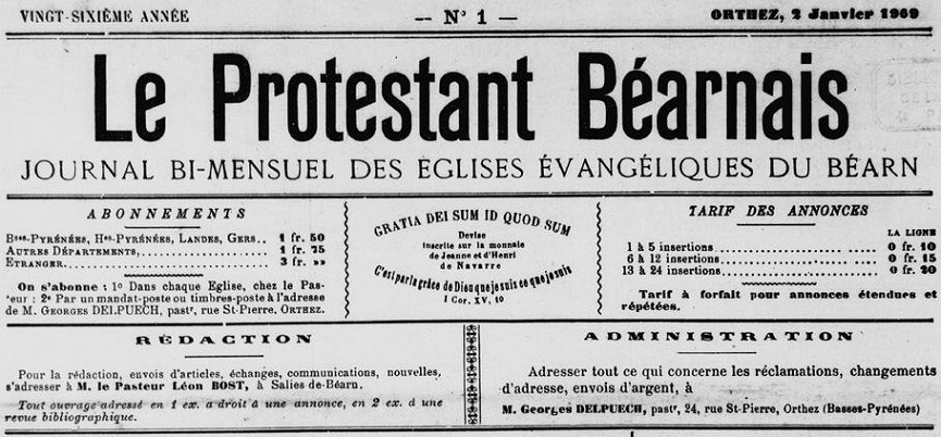 Photo (BnF / Gallica) de : Le Protestant béarnais. Orthez, 1882-[1948 ?]. ISSN 2018-316X.