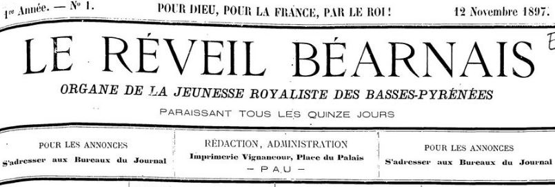 Photo (BnF / Gallica) de : Le Réveil béarnais. Pau, 1897. ISSN 2017-635X.