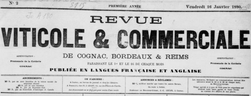 Photo (BnF / Gallica) de : Revue viticole & commerciale de Cognac, Bordeaux & Reims. Cognac, 1880-[1888?]. ISSN 2107-8882.