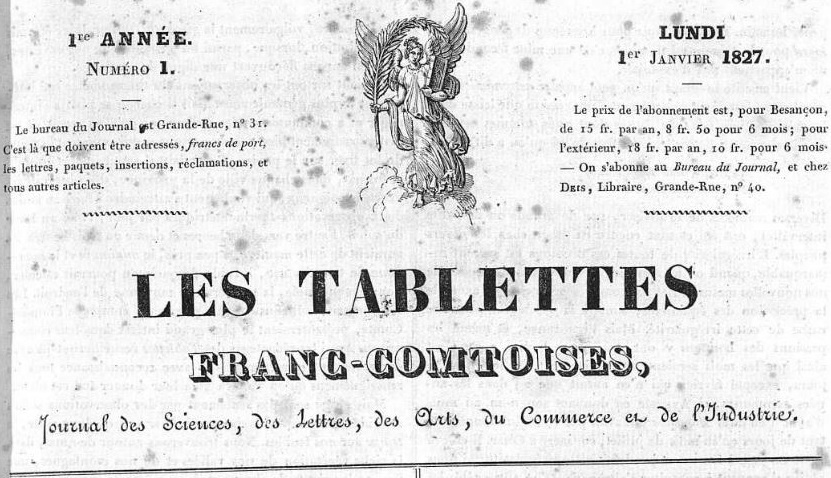 Photo (Bibliothèque municipale (Besançon)) de : Les Tablettes franc-comtoises. Besançon : Ch. Deis, 1827-1828. ISSN 2017-0653.