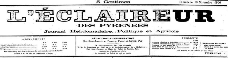 Photo (BnF / Gallica) de : L'Éclaireur des Pyrénées. Pau, 1900-1901. ISSN 2126-9793.