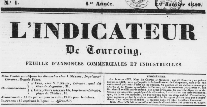 Photo (Médiathèque municipale (Roubaix, Nord)) de : L'Indicateur de Tourcoing. Tourcoing, 1840-[1913?]. ISSN 0982-0914.