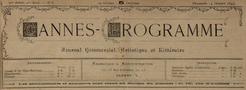 Photo (Cannes (Alpes-Maritimes). Archives municipales) de : Cannes-programme. Cannes, 1894-[1895 ?]. ISSN 1150-000X.