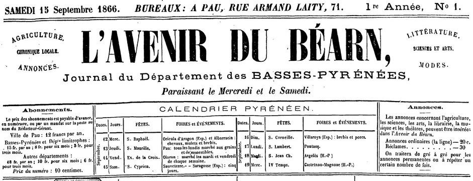 Photo (BnF / Gallica) de : L'Avenir du Béarn. Pau, 1866-1867. ISSN 2016-0992.