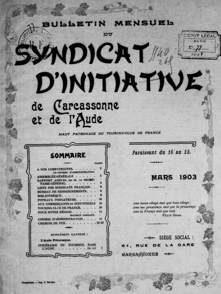 Photo (BnF / Gallica) de : Bulletin du Syndicat d'initiative de Carcassonne et de l'Aude. Carcassonne : Syndicat d'initiative de Carcassonne et de l'Aude, 1902-[1905?]. ISSN 2022-2505.