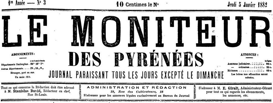 Photo (BnF / Gallica) de : Le Moniteur des Pyrénées. Pau, 1882-[1885 ?]. ISSN 2017-5892.[Mémoires de l'Académie de médecine]. Paris : Baillère [puis], 1828-1914. ISSN 1149-8838.