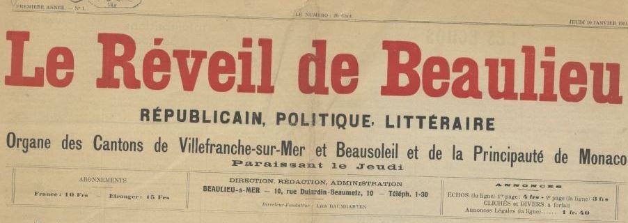 Photo (BnF / Gallica) de : Le Réveil de Beaulieu. Beaulieu-sur-Mer, 1924-[1928 ?]. ISSN 2136-7353.