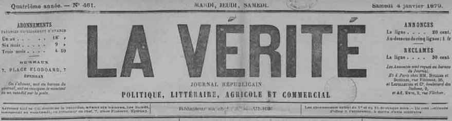 Photo (Bibliothèque municipale (Épernay, Marne)) de : La Vérité. Épernay, 1876-1898. ISSN 2139-7627.