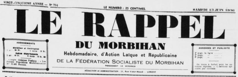 Photo (BnF / Gallica) de : Le Rappel du Morbihan. Lorient, 1911-2019. ISSN 0996-1623.
