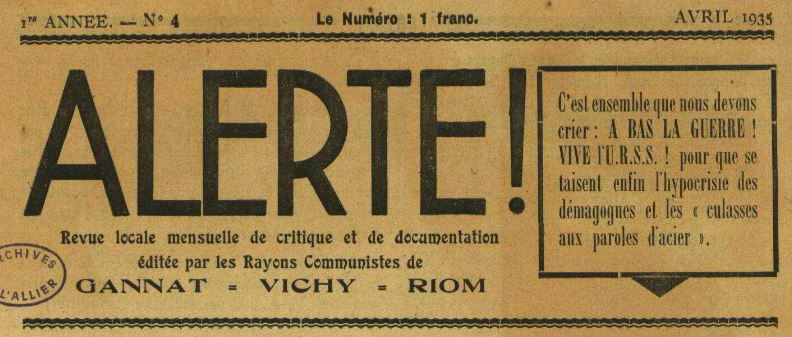 Photo (Allier. Archives départementales) de : Alerte !. Gannat, 1935-1936. ISSN 2120-5671.