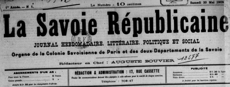 Photo (BnF / Gallica) de : La Savoie républicaine. Paris, 1905-1910. ISSN 2137-8339.